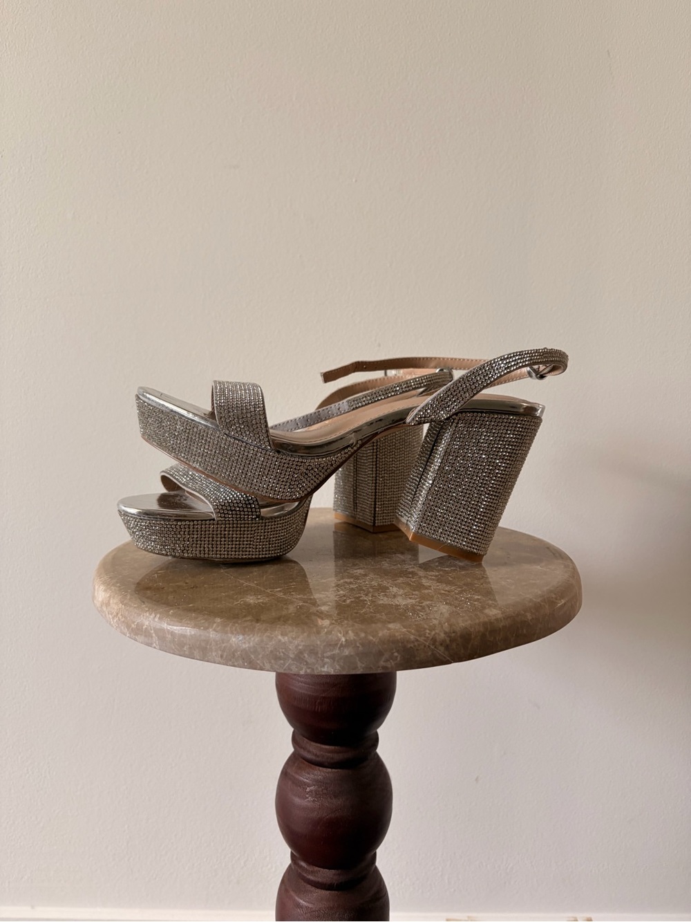 BCBGeneration Silver Crystal Platform Slingback Sandals